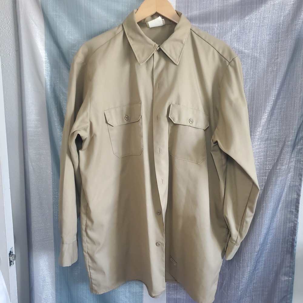 Dickies Mens Khaki Tan Long Sleeve Work Shirt Button Up Utility Made in USA 17.5